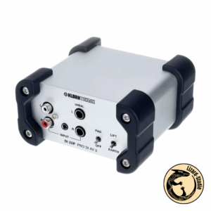 DI-box Klark Teknik DI22P po skosie – panel wejścia sygnału z gniazdami RCA, jack 6.3 mono, jack 3.5 stereo oraz przełączniki tłumika i uziemienia, Warszawa