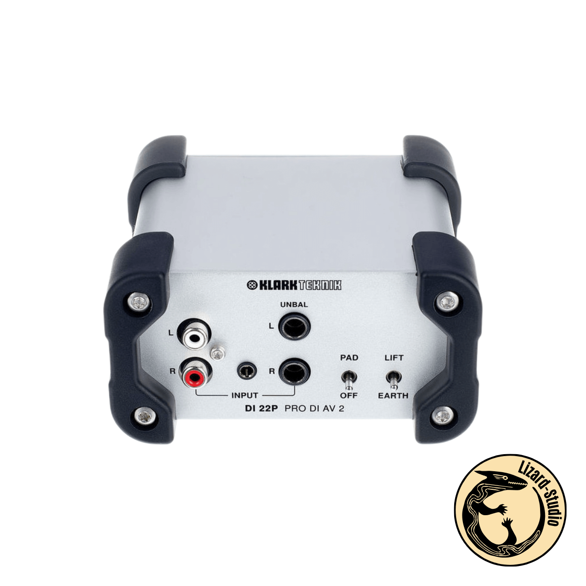 DI-box Klark Teknik DI22P widziany od przodu, panel wejść sygnału audio z gniazdami RCA, jack i przełącznikami PAD, Warszawa