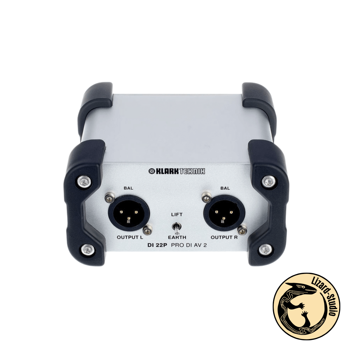 Panel wyjściowy DI-boxa Klark Teknik DI22P uchwycony po skosie od góry – złącza XLR L i R, Warszawa