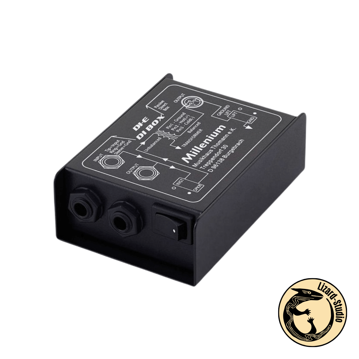 DI-box Millenium DI-E po skosie od strony wejścia IN z powrotem i włącznikiem, Warszawa