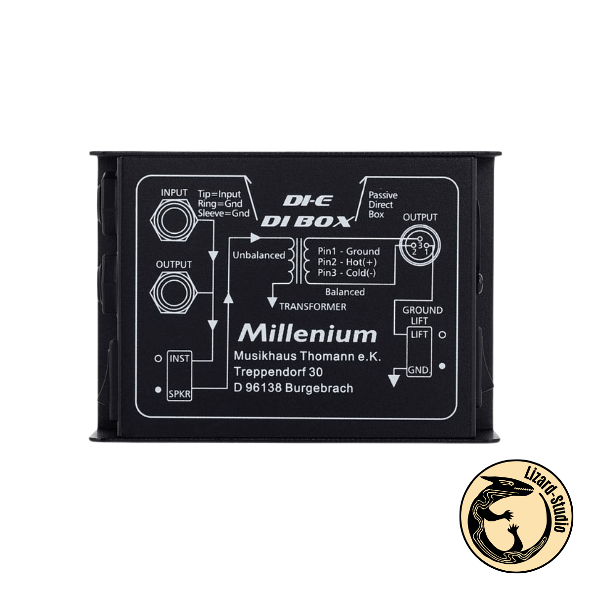 Widok od góry na DI-box Millenium DI-E z nadrukowanym schematem połączeniowym, Warszawa