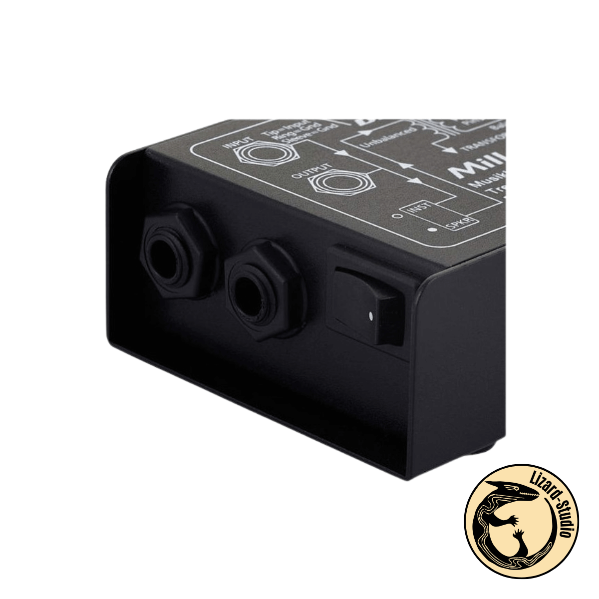 Zbliżenie na stronę wejść DI-boxa Millenium DI-E z powrotem i włącznikiem, Warszawa