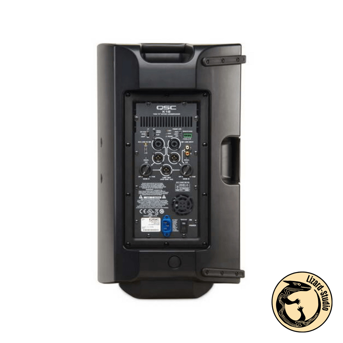 Tylny panel kolumny aktywnej QSC K12 – wejścia, zasilanie i regulacja, Warszawa