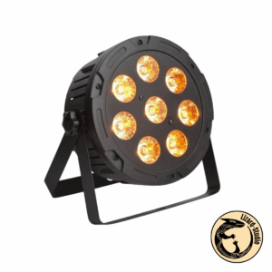 Lampa Light4Me Penta PAR 8x12W MKII od przodu po skosie, świeci na żółto, Warszawa
