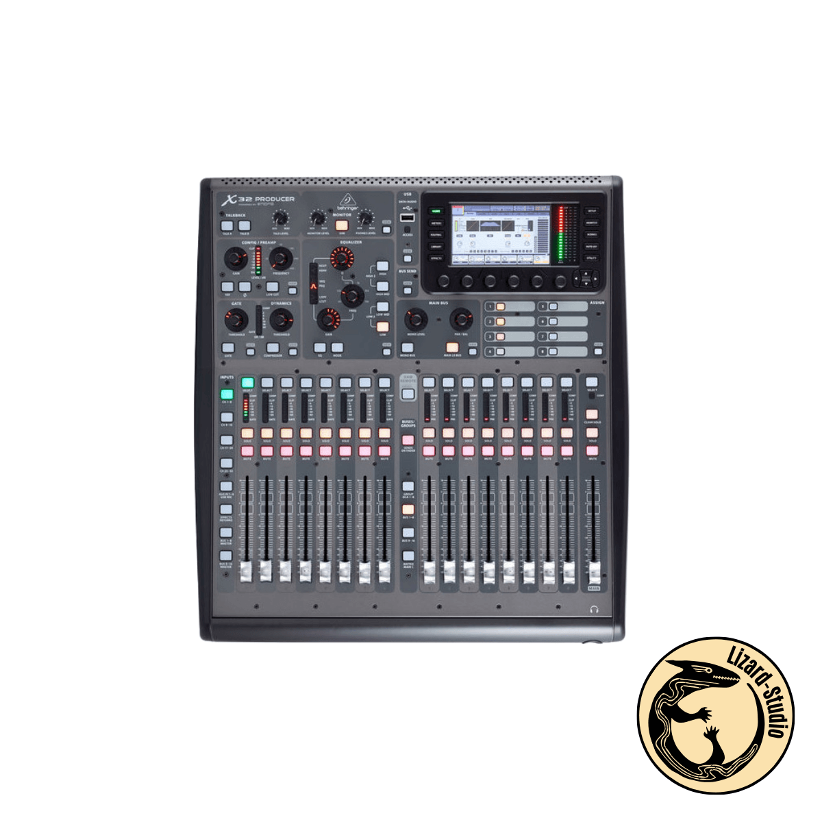 Widok z góry na panel miksera Behringer X32 Producer, Warszawa