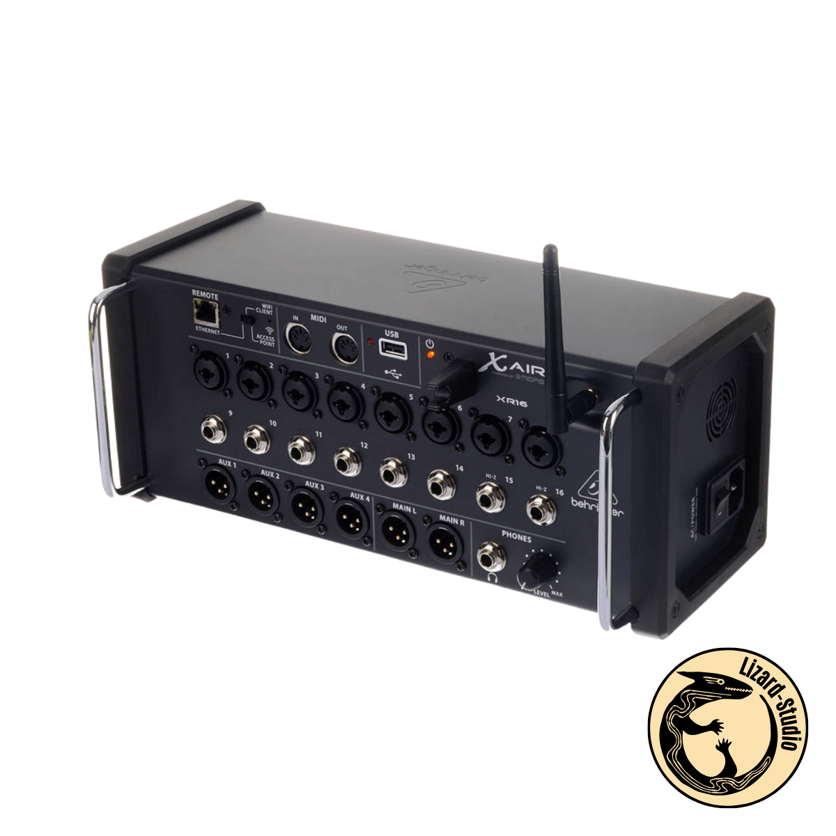 Mikser Behringer XR16 X Air ujęty po skosie z lewej strony, Warszawa