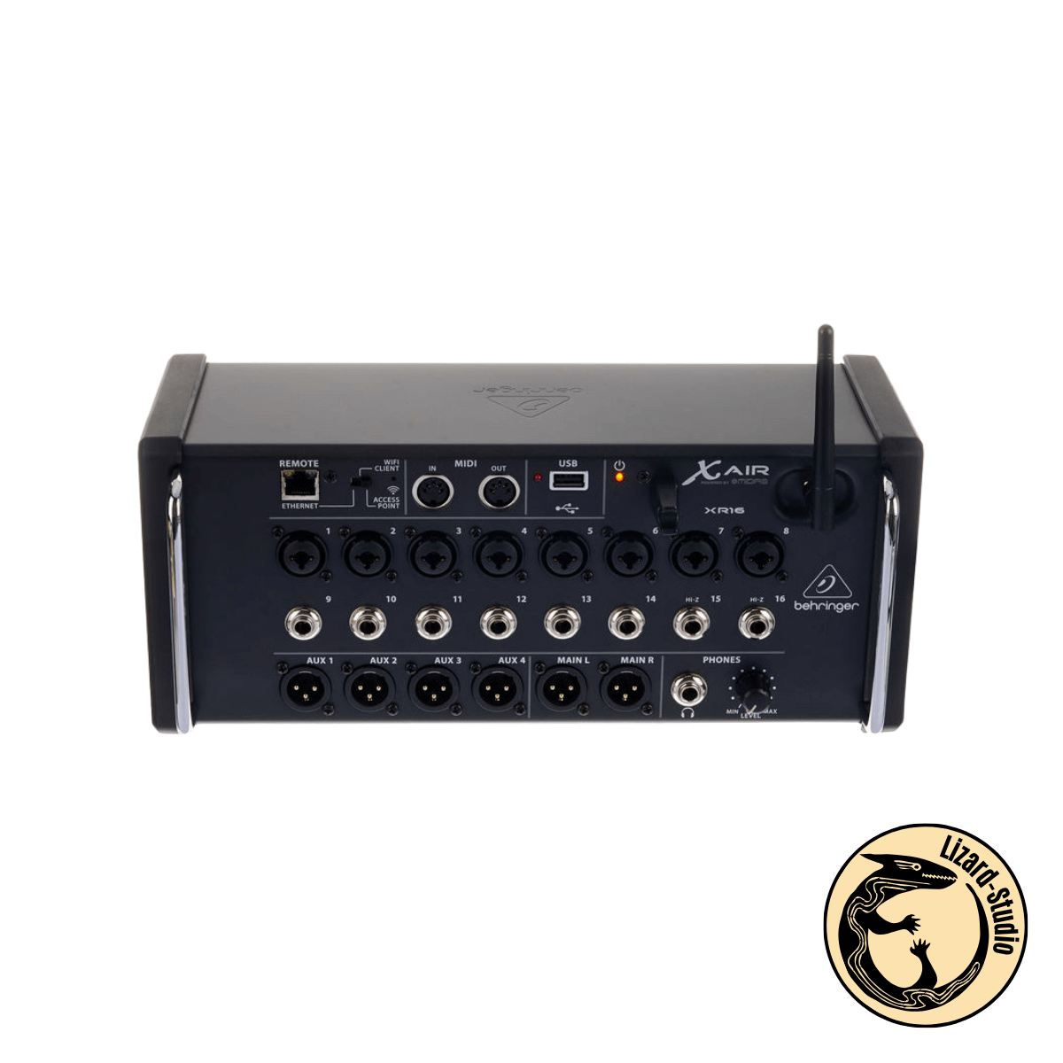 Widok frontu miksera Behringer XR16 X Air od dołu – panel wejść i wyjść, Warszawa