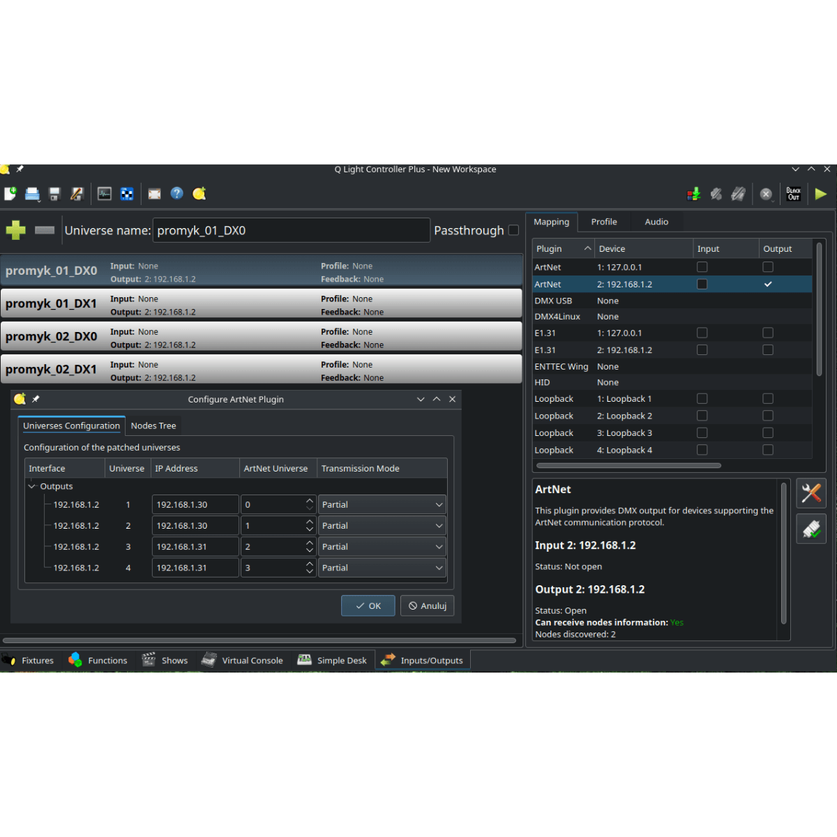 Okno programu Q Light Controller Plus współpracującego z Promyk 3.50, Warszawa