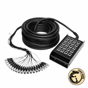 Stage Box 16/4 – widok od góry: skrzynka połączeniowa, wtyczki i zwinięty kabel, Lizard-Studio Warszawa