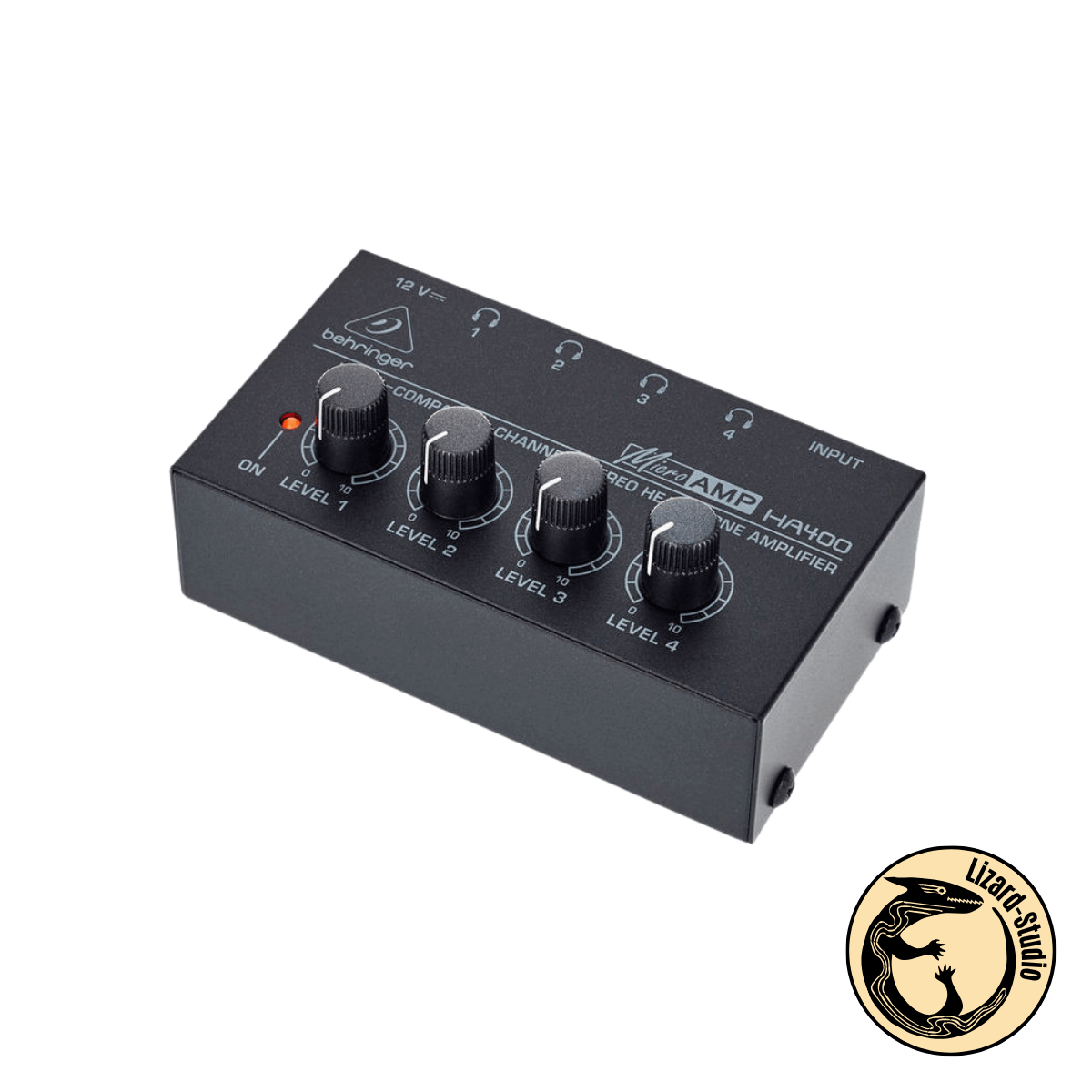 Wzmacniacz słuchawkowy Behringer HA400 widziany po skosie – cztery pokrętła głośności dla niezależnych kanałów, Warszawa