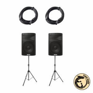 Zestaw nagłośnieniowy Alto TX310 – dwie kolumny Alto, dwa statywy kolumnowe i dwa kable XLR zwinięte u góry, Lizard-Studio Warszawa