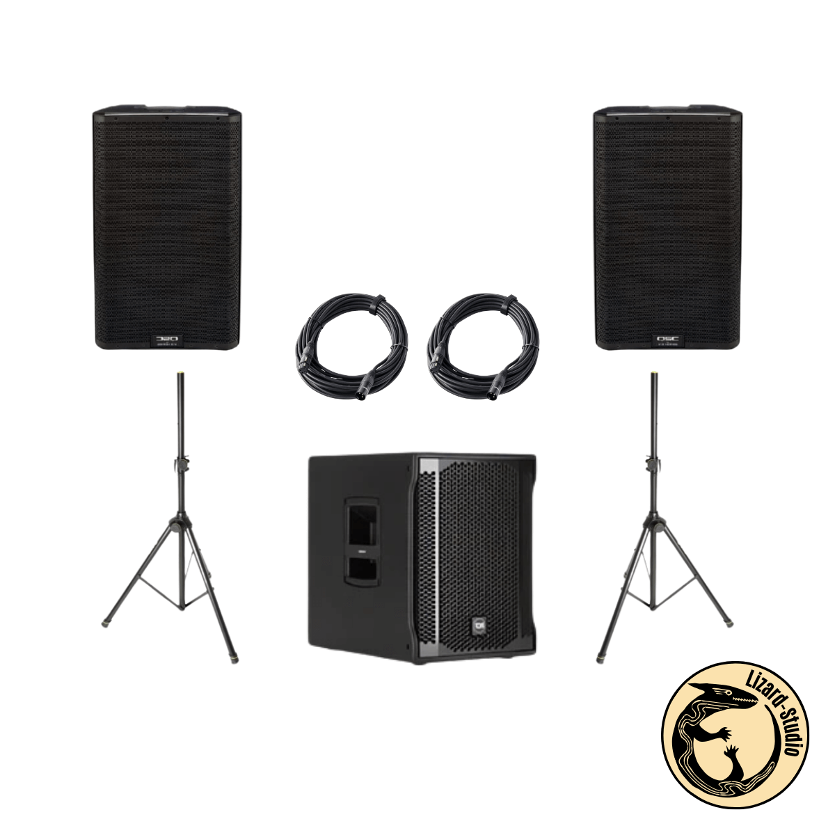 Zestaw nagłośnieniowy QSC K12 i subwoofer RCF 705 – dwa głośniki QSC, subbas pośrodku, statywy i kable, Lizard-Studio Warszawa